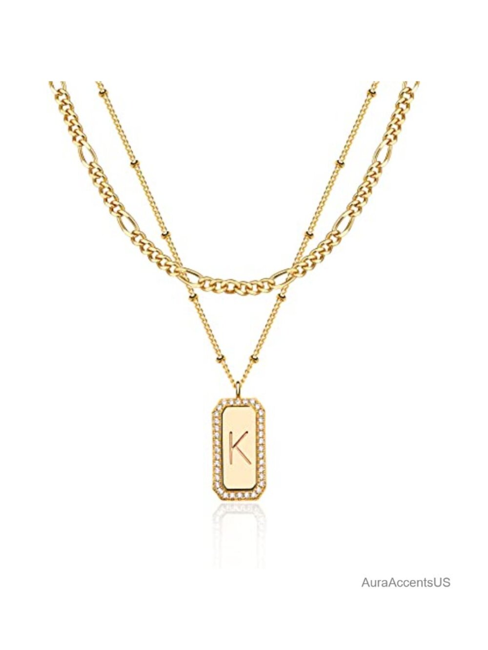 14K Gold Plated Initial Necklace Layered Figaro Chain Dainty Letter Pendant